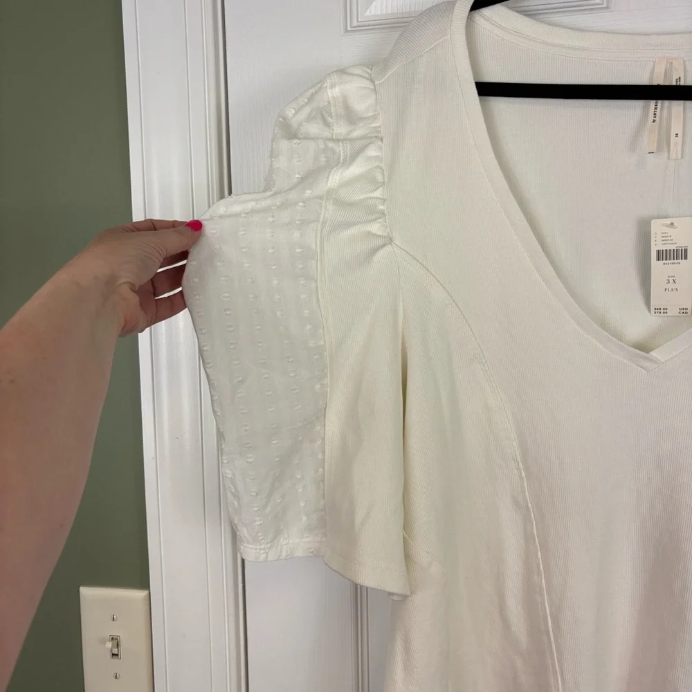 NWT By Anthropologie puff sleeve structured v neck tee sz 3X - Picture 9 of 11